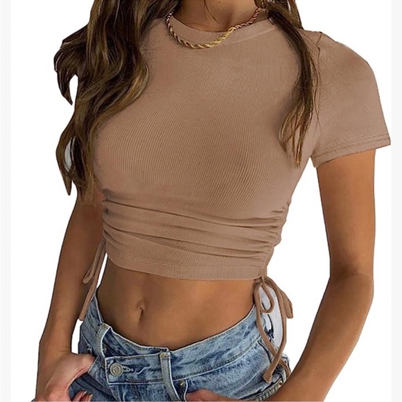 White Fox Tan Ruched Short Sleeve Tee - Picture 1 of 7